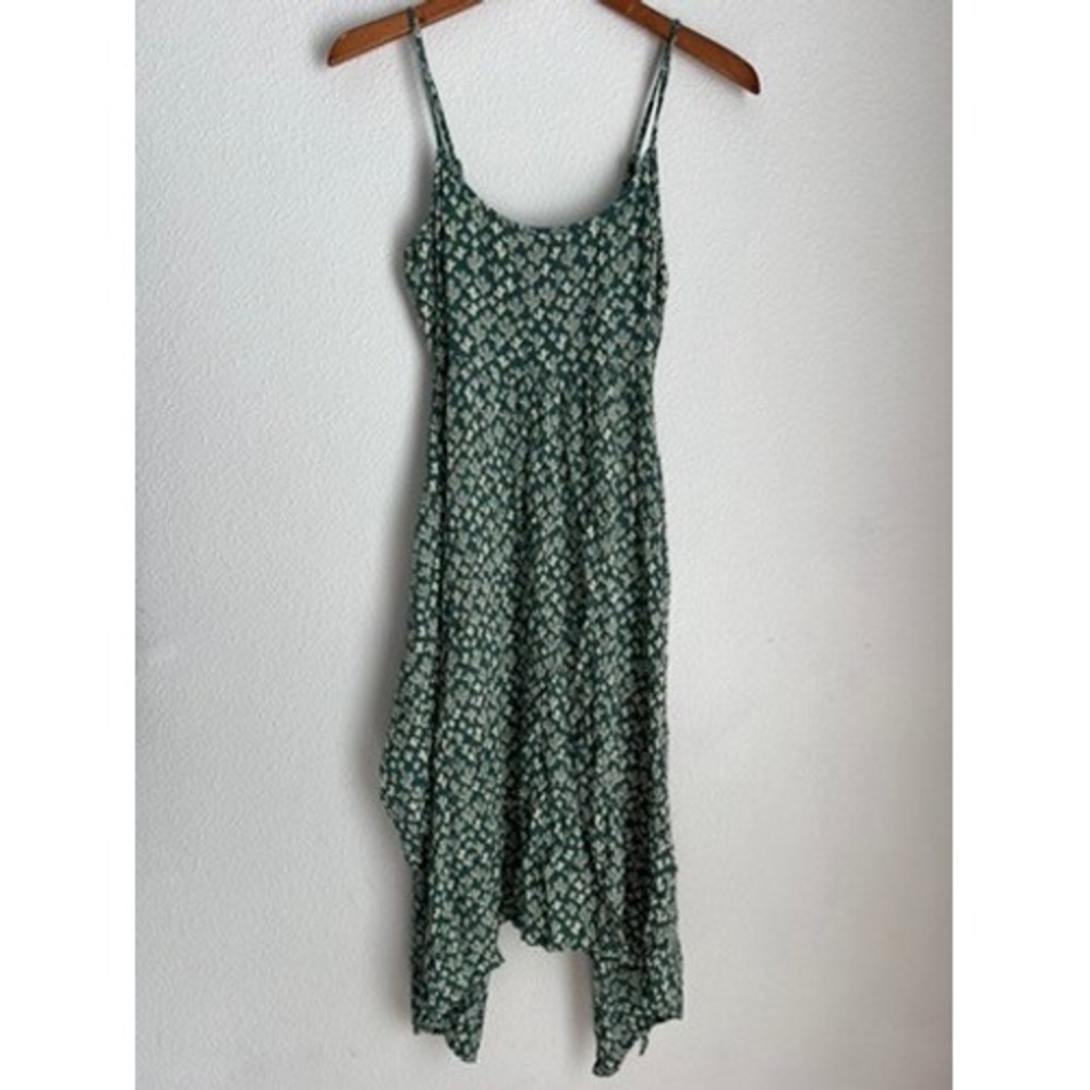 Angie Green Cactus Print Midi Sundress Spaghetti Strap Asymmetrical Hem
